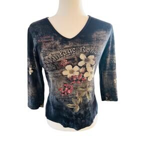 Women’s Top Pullover Vintage Rose Floral Rhinestone Y2K Grunge Goth Black USA PM